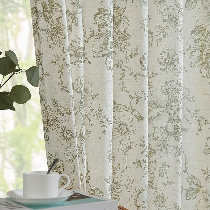 jinchan Linen Blend Floral Curtains for Living Room 84 Inch Length Farmhouse Printed Curtain Rod Pocket Back Tab Sage Green Peony Flower Patterned Drapes Bedroom Curtains Set 2 Panels