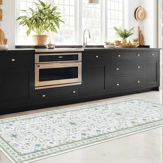 Hazo Haus Oushak Wide Hallway Runner Rug 2'6"x8' - Vintage Turkish Floral, Washable Low Pile Non Slip Extra Long Runners for Kitchen, Hall Way - Cream Blue and Green