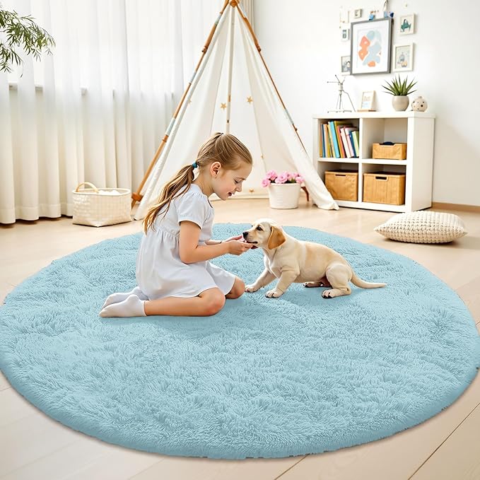OLANLY Light Blue Round Rugs for Bedroom - Machine Washable, 8 ft Circle Area Rugs for Living Room, Soft and Fluffy Shaggy Carpet for Teen Girl and Boys, Nursery Rooms, Dorms, Home Decor Aesthetic
