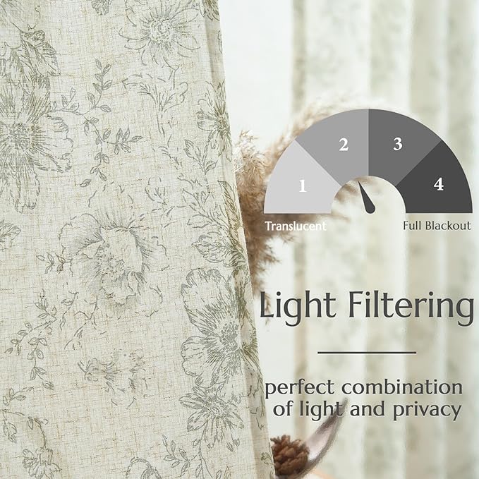 jinchan Linen Blend Floral Curtains for Living Room 84 Inch Length Farmhouse Printed Curtain Rod Pocket Back Tab Sage Green Peony Flower Patterned Drapes Bedroom Curtains Set 2 Panels