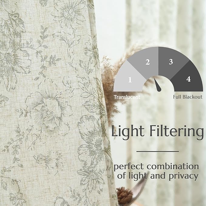 jinchan Linen Blend Floral Curtains for Living Room 90 Inches Extra Long Farmhouse Printed Curtain Back Tab Green Peony Flower Patterned Drapes Bedroom Window Curtains Set 2 Panels