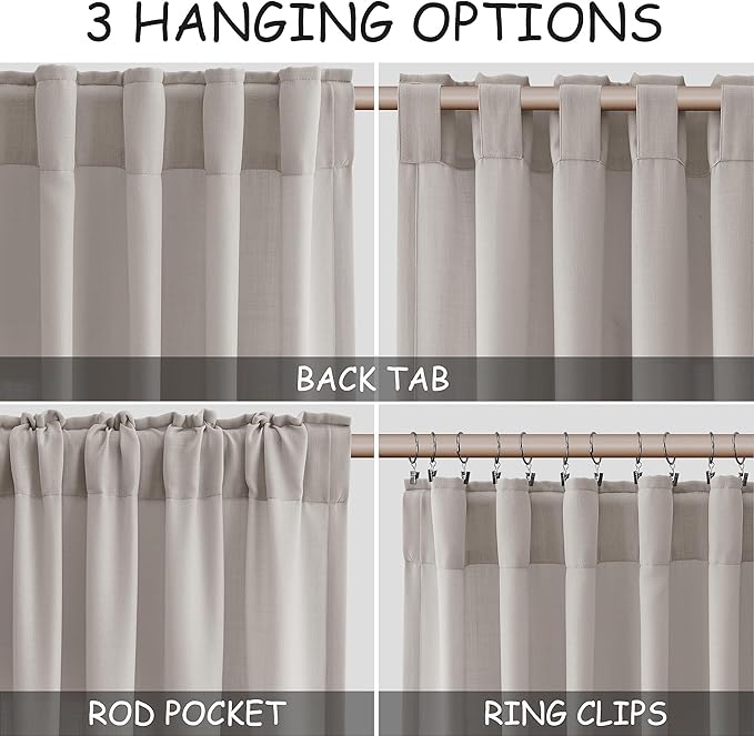 Nanspring Stone Grey Linen Curtains 102 Inches Long for Living Room Simple Modern Light Filtering Semi Sheer Curtain Back Tab and Rod Pocket Neutral Luxury Drapes for Bedroom Office 52x102, 2 Panels