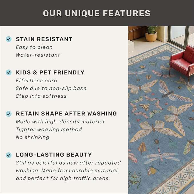 Hazo Haus Boho Non Slip Kitchen Rug Runner - 2x6 Blue Washable Rug for Bathroom, Laundry Room, Hallway, Non Slip with Rubber Backing, Insect Print Unique Runner