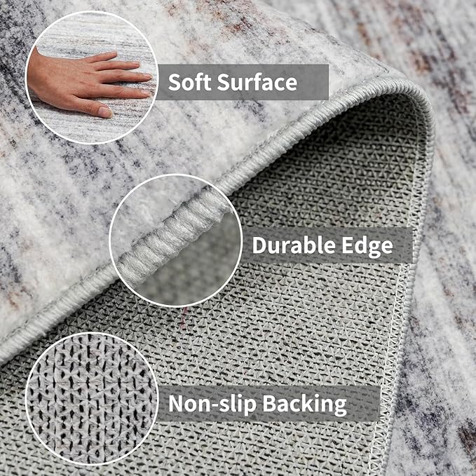 3x8 Washable Runner Rug for Family: Easy-to-Clean Runners for Hallway Entryway Kitchen Bedroom - Stain and Water Resistant Rugs with Non-Slip Backing - Soft Low-Pile Carpet Beige Grey
