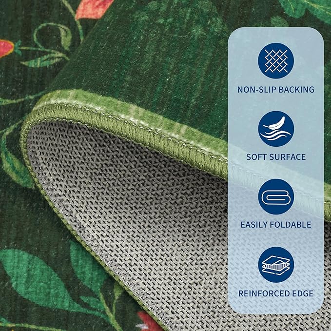 GarveeHome Washable Rug 3x5 Area Rugs for Living Room, Floral Rug for Bedroom, Soft Boho Non Slip Throw Rugs with Rubber Back, Low Pile Stain Resistant Vintage Floral Carpet for Dining Room, Green
