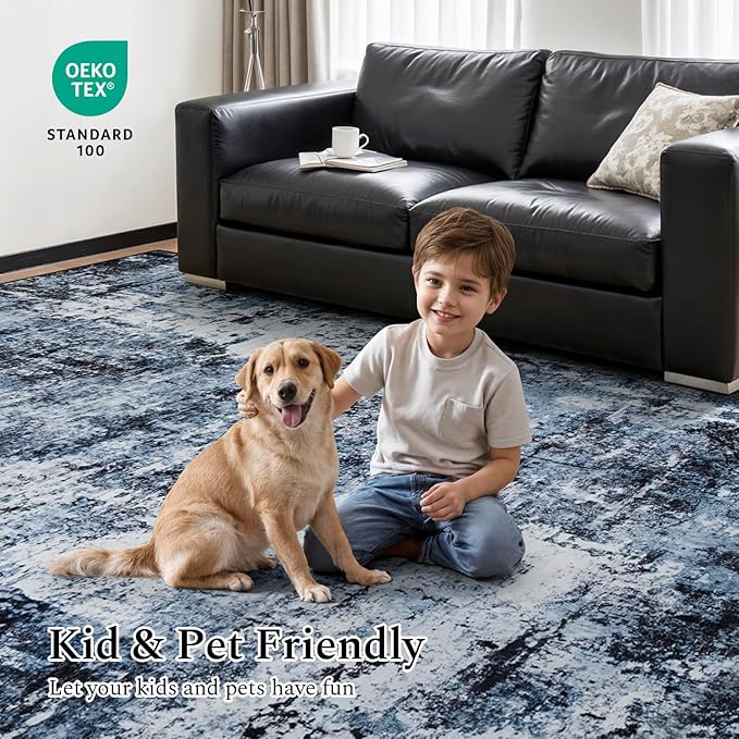 Rugflix 5x7 Area Rugs for Living Room, Washable Large Rug Stain-Resistant Low Pile, Modern Dark Carpet for Dining Room Home Office Kid Room Nursery Bedroom, Navy Blue/Black