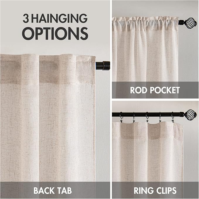 MIULEE Natural White Linen Curtains 63 Inch Length 2 Panels for Bedroom Living Room, Back Tab Soft Thick Linen Textured Window Drapes Semi Sheer Light Filtering Privacy Cream Curtains 42 Inch Wide