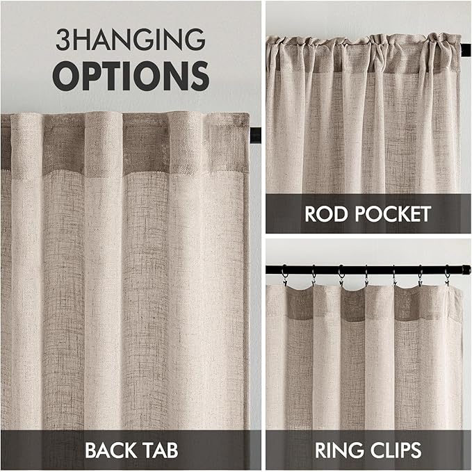 MIULEE Natural Linen Curtains 96 Inches Long 2 Panels for Bedroom Living Room, Soft Linen Textured Window Drapes Semi Sheer Light Filtering Back Tab Rod Pocket Farmhouse Modern Burlap Look Decor