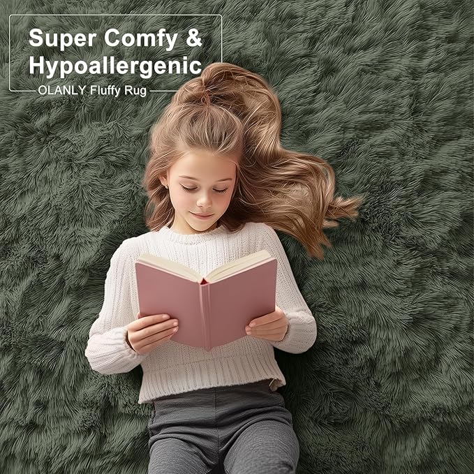 OLANLY 5x7 Machine Washable Large Area Rugs for Living Room, Bedroom, Soft Fluffy Shaggy Bedside Rug, Indoor Floor Carpet for Kids Girls and Boys, Dorms, Nursery, Home Decor Aesthetic, Olive Green