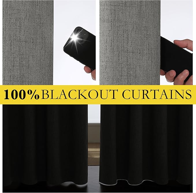 NICETOWN Grizzle Gray Vintage Linen 100% Blackout Curtains for Living Room, Thermal Insulated Curtains 108" Long, Noise Reducing Window Treatment Drapes for Hall Room, 52" Wide Per Panel, Set of 2