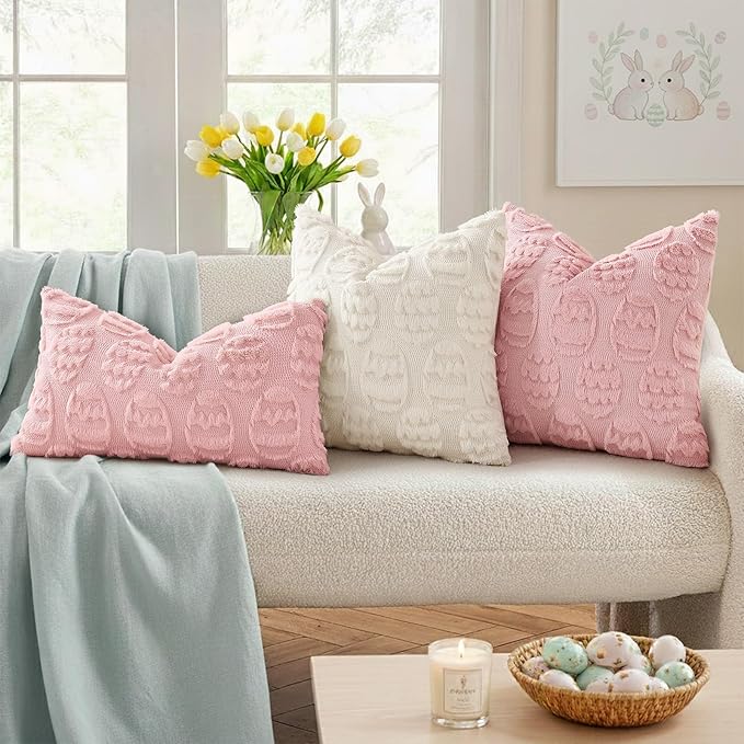 decorUhome Easter Pink Egg Pillow Covers 16x16 Inch Set of 2, Soft Plush Faux Wool Jacquard Cushion Covers, Farmhouse Neutral Fuzzy Spring Easter Holiday Decor for Couch Sofa Bed