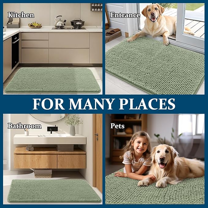 OLANLY Dog Door Mat for Muddy Paws 70x32, Absorbs Moisture and Dirt, Absorbent Non-Slip Washable Doormat, Quick Dry Chenille Mud Mat for Dogs, Entry Indoor Entryway Carpet for Inside Floor, Sage Green