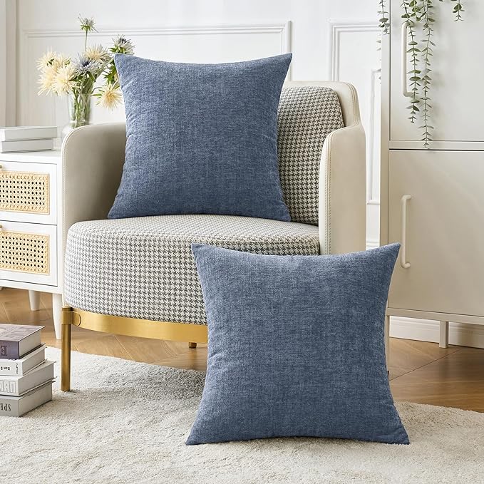 MIULEE Pack of 2 Couch Throw Pillow Covers 18x18 Inch Soft Dark Grey Blue Chenille Pillow Covers for Sofa Living Room Solid Dyed Pillow Cases