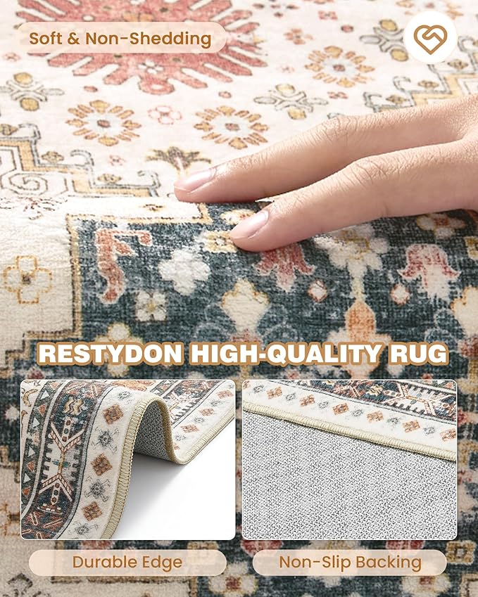 Area Rugs 5x7, Ultra-Thin Washable Rugs for Living Room, Anti-Slip Backing Area Rug for Bedroom, Soft Floral Vintage Home Decor Rug for Dining Room(Blue/Red/Multi,5'x7')