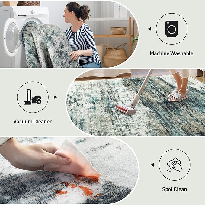 5x7 Area Rugs Washable Rug: Modern Abstract Living Room Rug Soft Anti-Skid Thin Carpet Indoor Floor Non-Shedding Carpets for Bedroom Dining Room Farmhouse Nursery Home Office - Green Multi