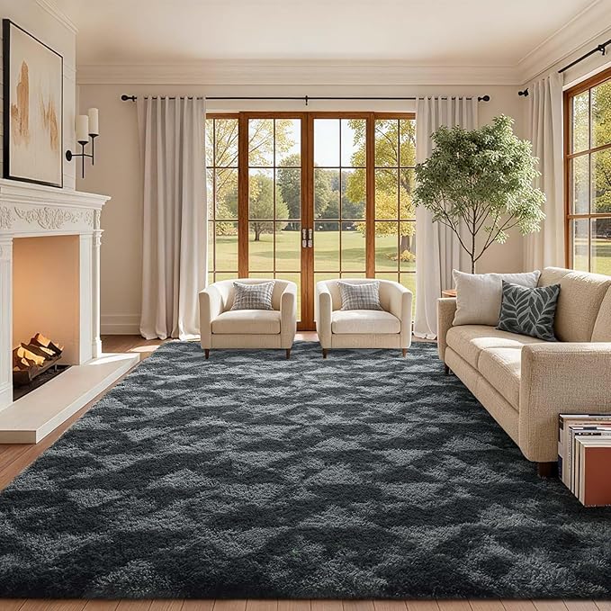 9x12 Ft Extra Large Shag Rugs for Bedroom Living Room for Men Boys, Tie Dyed Ultra Soft Fluffy Furry Area Rug for Indoor Floor, Aesthetic Carpet for Home Decor (Black Grey)