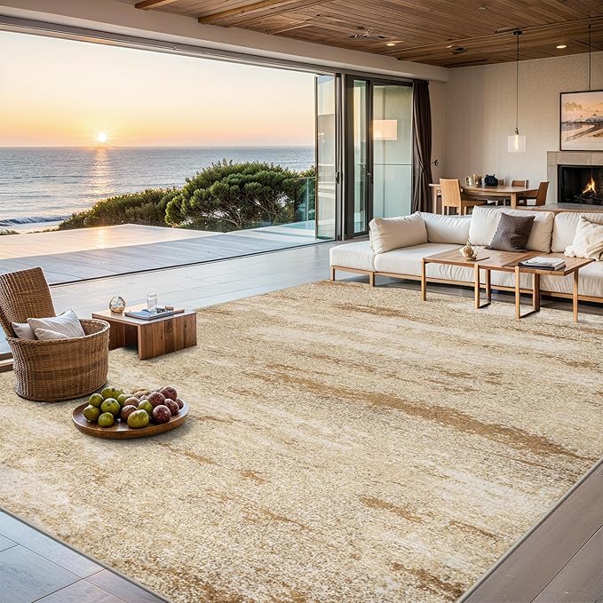 Area Rugs 10x12 Living Room - Washable Rug Modern Abstract Soft Large Neutral Non-Slip Carpet Indoor Floor Thin Carpets for Bedroom Dining Room Farmhouse Nursery Home Office Beige