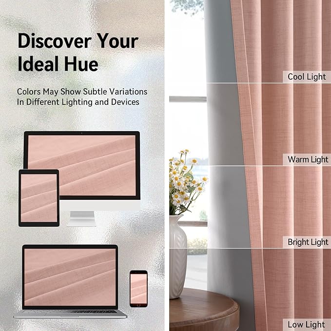 100% Blackout Shield Linen Blackout Curtains for Bedroom, Blush Pink Grommet Curtains for Living Room, Thermal Insulated Room Darkening Drapes for Nursery, Boho Home Decor, 50" W x 84" L, 2 Panels