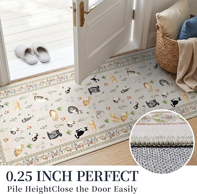 3x7 Washable Kitchen Runner Rug - Soft Low Pile Floral Animal Cat Print Rugs with Non-Slip Backing Waterproof Stain-Resistant Indoor Carpet for Hallway Entryway Bathroom Bedroom (Light Beige)