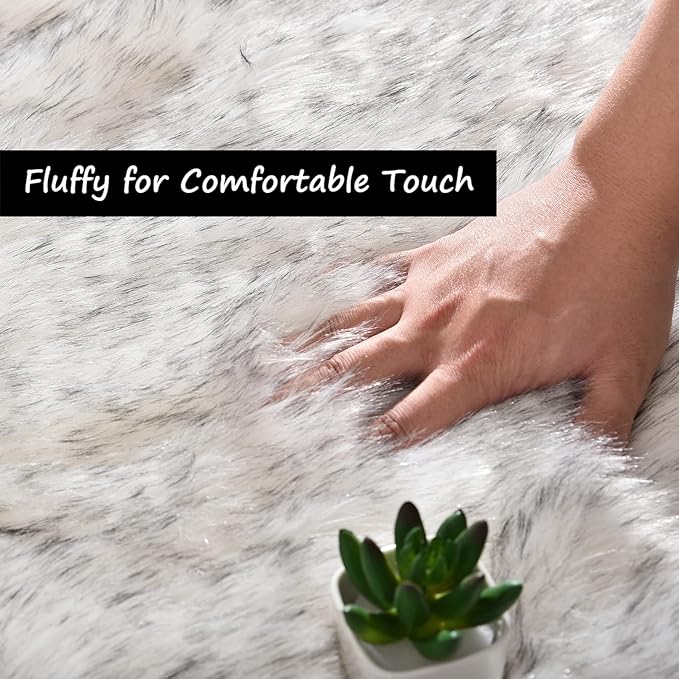 Goolela Fluffy Faux Sheepskin Fur Rug 4x6 White with Grey Tips Fuzzy Furry Plush Rug for Bedroom Living Dining Room Office Soft Shaggy Carpet Rectangle