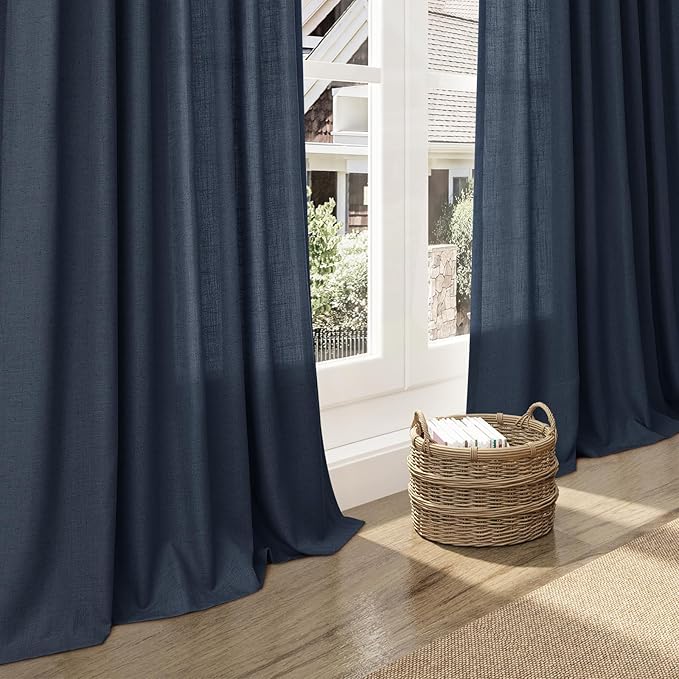 Extra Long Vintage Blue Linen Curtains 120 Inch for Living Room 2 Panels Set Rod Pocket Back Tab Light Filtering Semi Sheer Soft Linen Window Drapes Privacy High Ceiling Drapes for Farmhouse 52x120