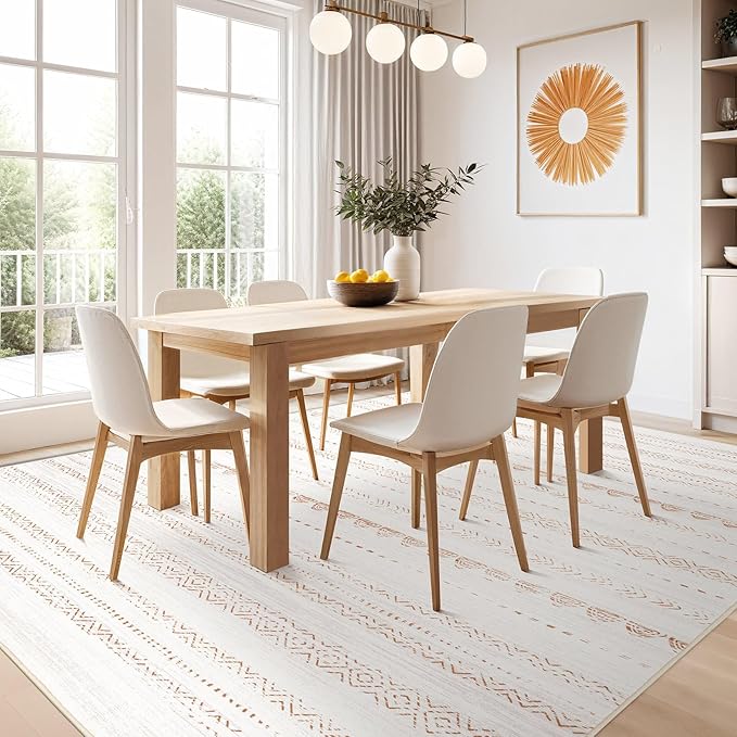 Nakagishi Area Rug Living Room Rugs: 8x10 Large Soft Machine Washable Boho Moroccan FarmNeutral Stain Resistant Indoor Floor Carpet for Bedroom Under Dining Table Home Office Decor-Cream Brown
