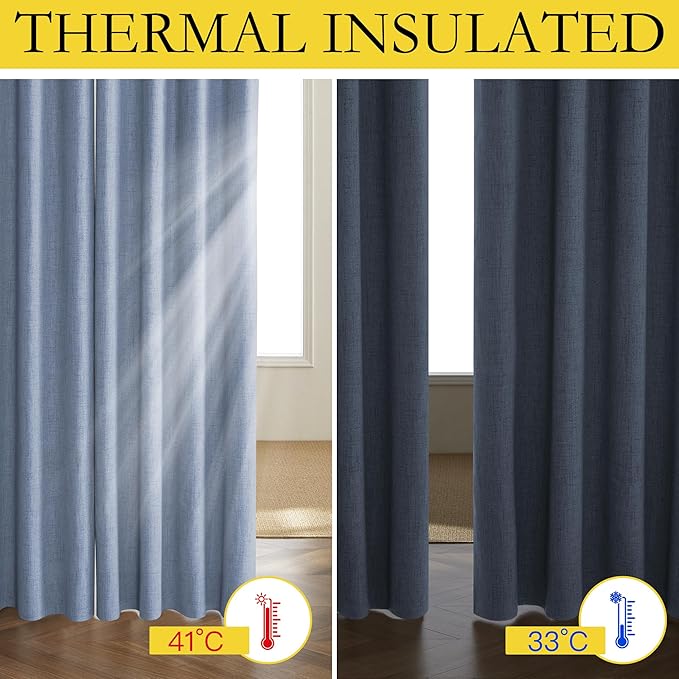 NICETOWN Stone Blue Vintage Linen 100% Blackout Curtains for Living Room, Thermal Insulated Curtains 48" Long, Noise Reducing Window Treatment Drapes for Hall Room, 52" Wide Per Panel, Set of 2