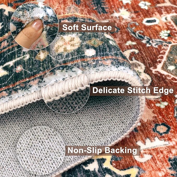 Yamaziot Washable Runner Rug, 2x8 Non-Slip Boho Vintage Hallway Rug Runner with Rubber Backing, Stain Resistant & Low Pile Faux Wool Distressed Carpet Runner for Kitchen, Laundry, Entrance, Brick Red