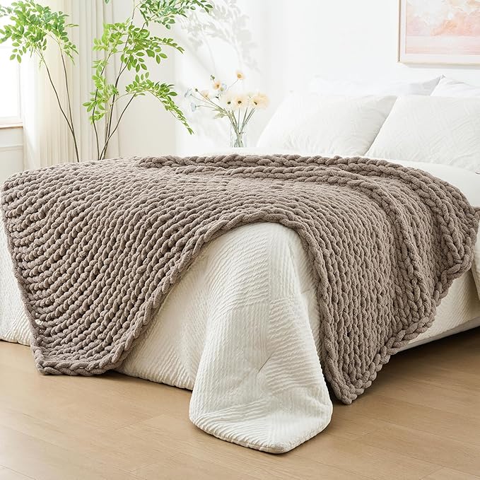 Bigacogo Chunky Knit Throw Blanket for Couch, 40x80 inches, 100% Hand Knitted with Thick Jumbo Chenille Yarn, Cozy Soft Large Rope Knot Cable Crochet Blankets for Sofa Bed Living Room, Taupe