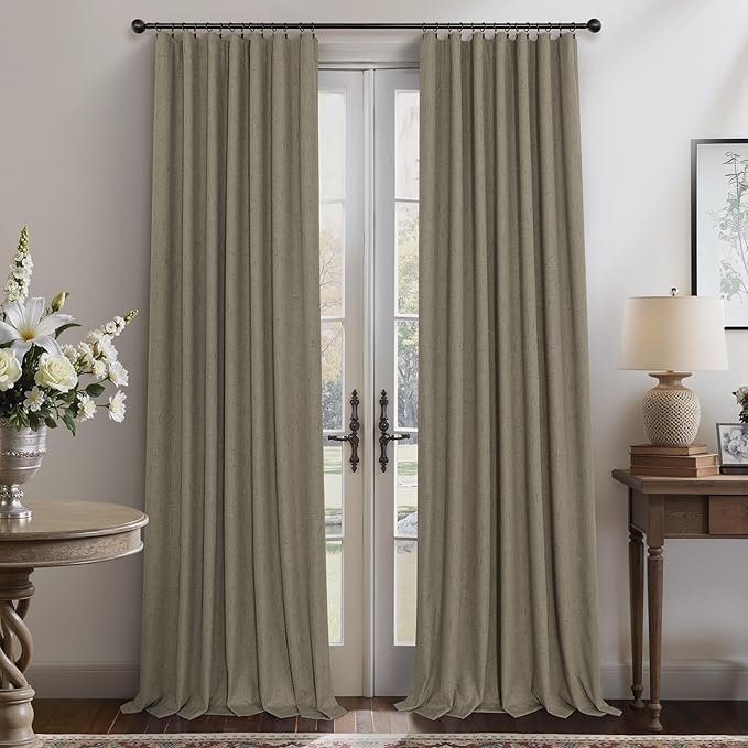 Dark Taupe Neutral Blackout Curtains 96 Inch Long 2 Panel Insulated Sliding Door Curtain UV Heat Blocking Drape for Living Room Bedroom Linen Cloth Canvas Burlap Primitive Decor Back Tab 52x96 Length