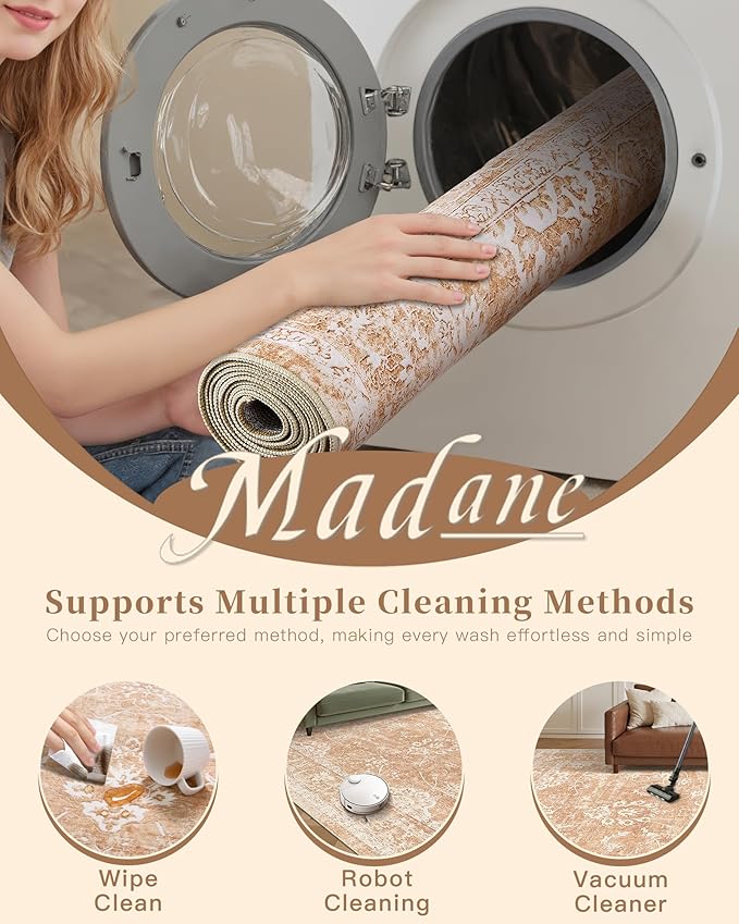 Madane 9x12 Area Rugs for Living Room, Machine Washable Vintage Rug with Non-Slip Backing, Soft Floral Print Large Throw Rugs, Thin Carpet for Bedroom Dining Room Farmhouse (9 x 12, Jasper Orange)