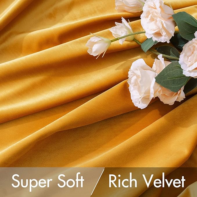 MIULEE Velvet Curtains 2 Panels Luxury Blackout Curtains for Bedroom Living Room Thermal Insulated Fall Decor Super Soft Window Drapes Rod Pocket & Back Tab, Mustard Yellow, 52 x 72 Inch