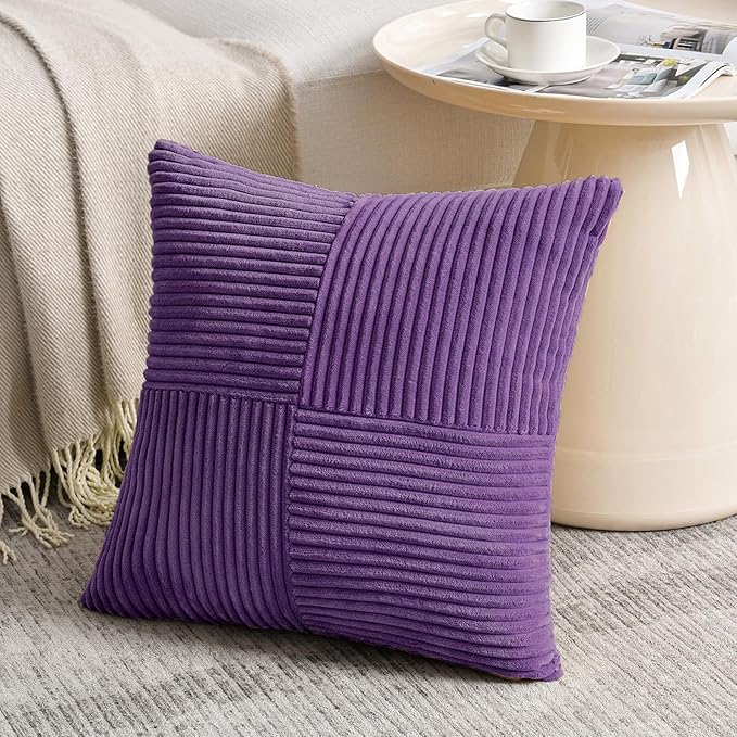 Fancy Homi 2 Packs Purple Euro Decorative Throw Pillow Covers 26x26 Inch for Living Room Couch Bed, Farmhouse Boho Home Decor, Soft Corss Corduroy Patchwork Textured Square Cushion Case 66x66 cm