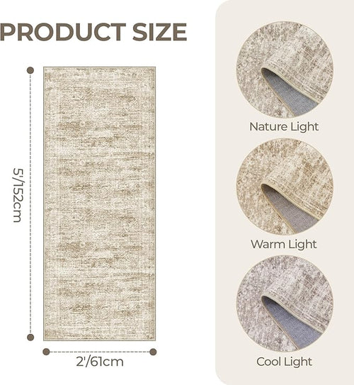 2x5 Rug Runner Washable for Entryway, Soft Bathroom Rugs with Non-Slip Backing, Abstract Low Pile Hallway Runner, Vintage Small Kitchen Carpet for Stair, Laundry Room(2'x5', Brown/Ivory)
