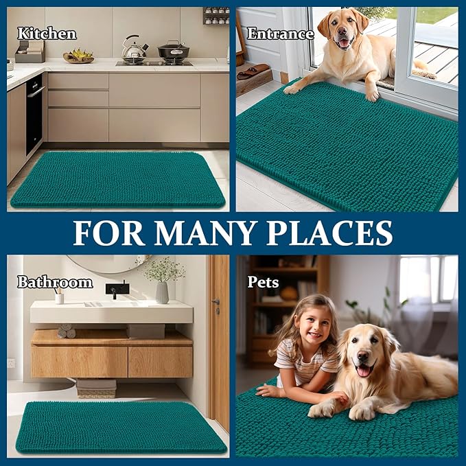 OLANLY Dog Door Mat for Muddy Paws 54x24, Absorbs Moisture and Dirt, Absorbent Non-Slip Washable Doormat, Quick Dry Chenille Mud Mat for Dogs, Entry Indoor Entryway Carpet for Inside Floor, Lake Blue