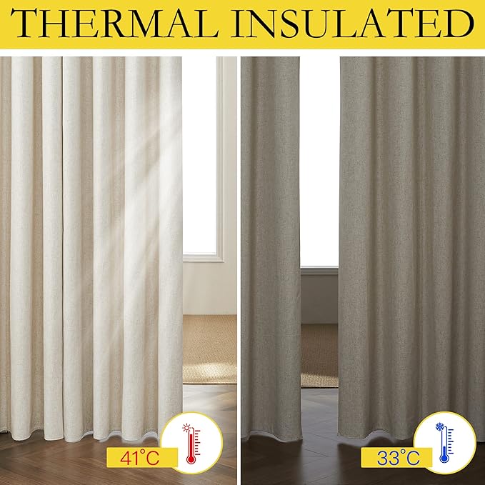 NICETOWN Natural Linen Complete Blackout Curtains 54 inches for Kids Room, 2 Panels, Thermal Insulated & Noise Reducing Window Draperies with White Liner, Noise Reducing Short Drapes