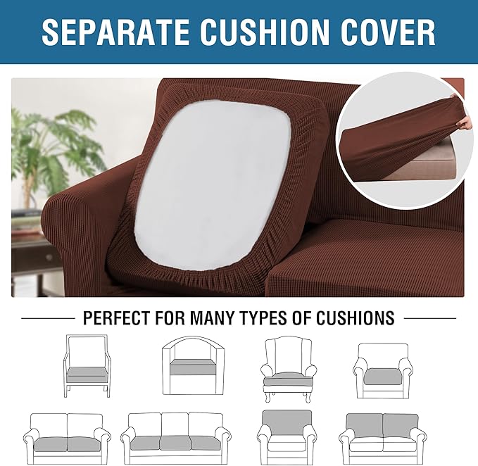 H.VERSAILTEX 4 Piece Stretch Sofa Covers for 3 Cushion Couch Covers for Living Room Furniture Slipcovers (Base Cover Plus 3 Seat Cushion Covers) Thicker Jacquard Fabric (Large Sofa, Burnt Brick)