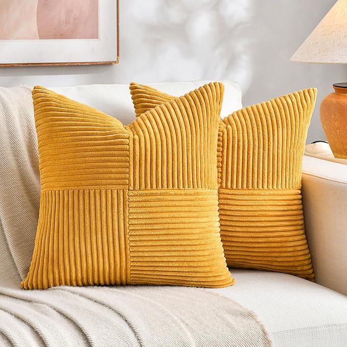 Fancy Homi 2 Packs Gold Yellow Big Decorative Throw Pillow Covers 24x24 Inch for Couch Bed Sofa, Rustic Farmhouse Boho Home Decor, Soft Corss Corduroy Patchwork Accent Square Cushion Case 60x60 cm