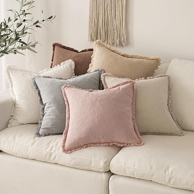 MIULEE Valentines Decorative Throw Pillow Covers Neutral Linen Fringe Throw Pillows Set of 2 Light Pink Boho Farmhouse Cushion Covers for Couch Sofa Bed Living Room Spring Home Decor 18x18 Inch