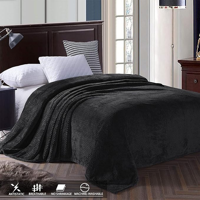 Exclusivo Mezcla Fleece Bed Blanket Queen Size, Super Soft and Warm Blankets for Couch, Sofa and Bed Waffle Textured, Cozy, Fuzzy and Lightweight (Black, 90x90 Inches)