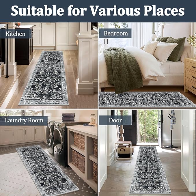 Yamaziot Washable Runner Rug 2x10 – Non Slip Boho Floral Hallway Runner Rug with Rubber Backing, Low Pile Faux Wool Distressed Carpet for Kitchen, Laundry, Bedroom, Entrance, Navy/Black