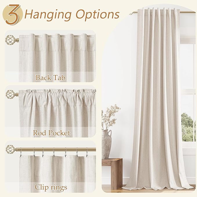 Guken 100% Blackout Linen Curtains 144 Inch Length 2 Panels Set for Living Room Bedroom Back Tab Thermal Insulated Black Out Drapes Room Darkening Farmhouse Window Curtains 144 Inches Long