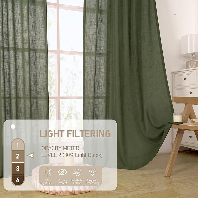LAMIT 120 Inches Long Linen Curtains for Living Room, Back Tab and Rod Pocket Semi Sheer Panels Light Filtering Farmhouse Drapes for Bedroom/Dining Room, Olive Green, Set of 2, 52 x 120 Inch