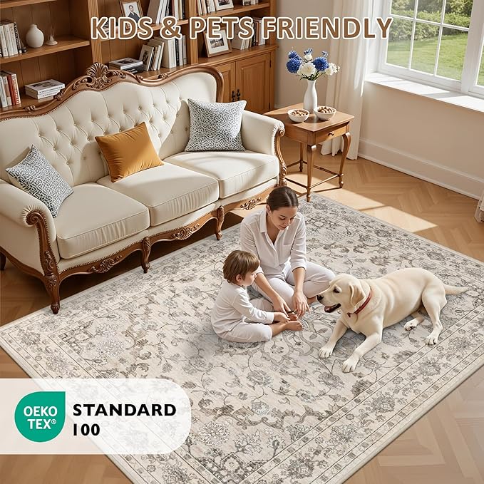 Area Rugs 10x14 Living Room Rug: Washable Rug Soft Vintage Distressed Floral Carpet Indoor Non-Slip Stain Resistant Large Carpets for Bedroom Dining Room Farmhouse Nursery Home Office Brown Beige