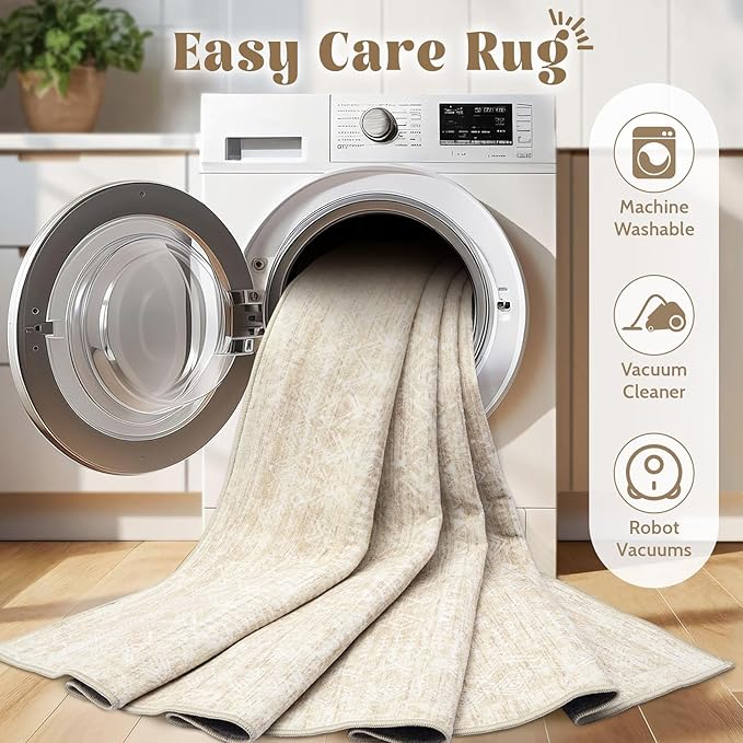 Washable Area Rug 5x7: Moroccan Rug for Living Room Geometric Boho Rug Farmhouse Non Slip Stain Resistant Rugs Low Pile Soft Carpet for Bedroom Dining Room Home Office Children Room (Beige,5'x7')