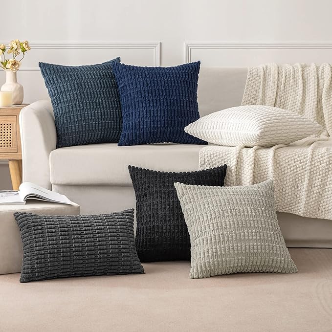 MIULEE Pack of 2 Corduroy Decorative Throw Pillow Covers 18x18 Inch Soft Boho Striped Pillow Covers Modern Farmhouse Home Decor for Summer Coastal Sofa Living Room Couch Bed Blue