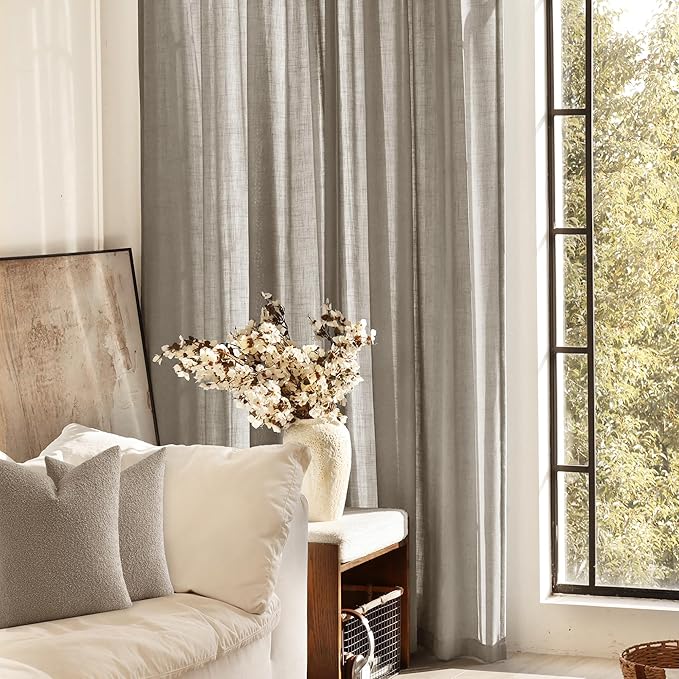 Taupe Linen Curtains 108 inches Long for Living Room Back Tab Rustic Farmhouse Semi Sheer Light Filtering Window Curtain Dining Room Soft Thick Flax Linen Textured Drapes Burlywood Birch Dark Brown