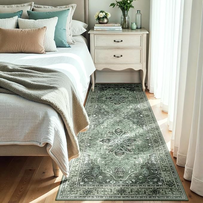 RELEANY Area Rugs 3'x7' Runner Rug Non Slip Washable for Kitchen Hallway Bedroom Beside Laundry Room Bathroom Rug, Floor Carpet, Dark Green Gray
