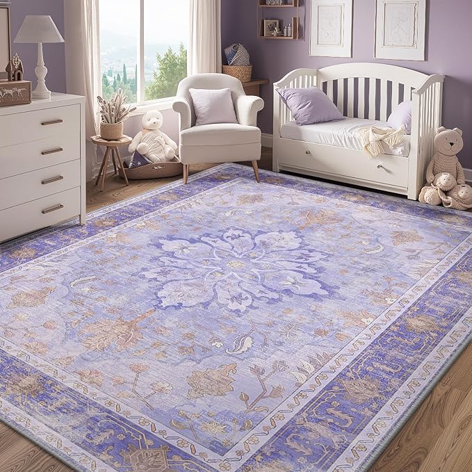 Area Rugs 8'x10' Washable Non-Slip, Floral Vintage Distress Print Pattern Medallion Carpet for Living Room Bedroom Dining Room, Light Purple Brown