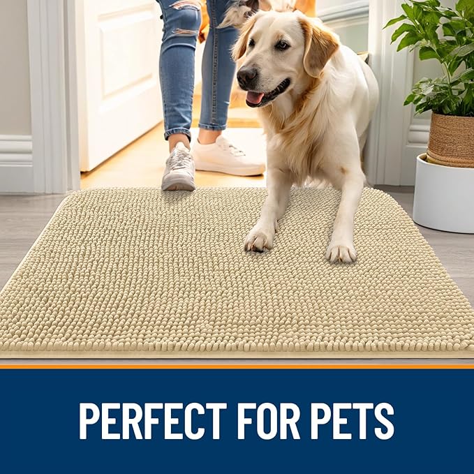 OLANLY Dog Door Mat for Muddy Paws 59x24, Absorbs Moisture and Dirt, Absorbent Non-Slip Washable Doormat, Quick Dry Chenille Mud Mat for Dogs, Entry Indoor Entryway Carpet for Inside Floor, Sand